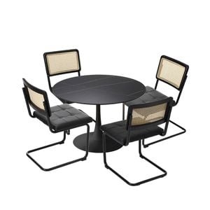 Oikiture 5PCS Dining sets 90cm Round Dining Table with Dining Chairs PU Leather Black
