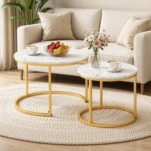 Ufurniture 2Pcs Nesting Table Round Marble Effect Coffee Table End Table Gold & White