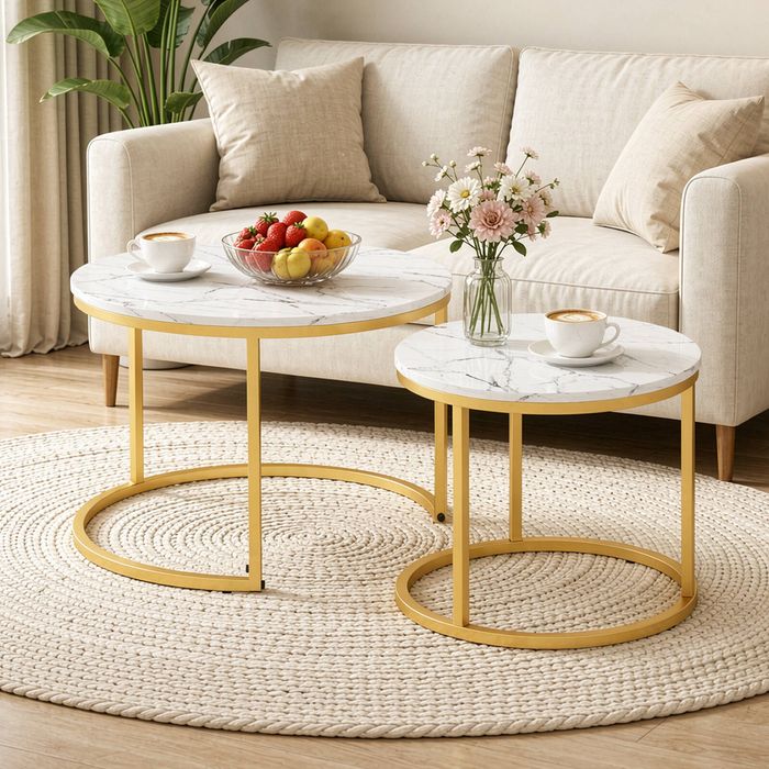 Ufurniture 2Pcs Nesting Table Round Marble Effect Coffee Table End Table Gold & White