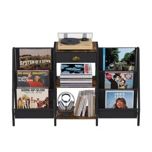 Ufurniture 3-Tier Vinyl Storage Record Player Stand w/Storage Pockets & Drawer, Turntable Stand up to 200 Album Walnut+Black