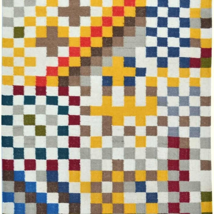 Handwoven Multicoloured Woolen Durrie Rug - Pixel 20057 - Multi - 190x280cm