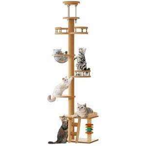 Wooden Cat Tree Tower Floor-to-Ceiling Climbing Scratching Post Adjustable Height 2.5-2.8m