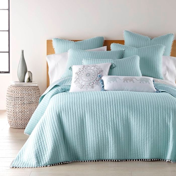 Clavo Pom Pom Coverlet Set Super King, Front/Back: 100% cotton, Prewashed. Filling 250GSM Cotton - Light Blue