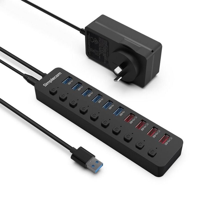 Simplecom Chu810 48w 10-port Usb 3.0 Hub And Charger With Individual Switches 12v/4a Power Adapter Bc1.2 Fast Charging