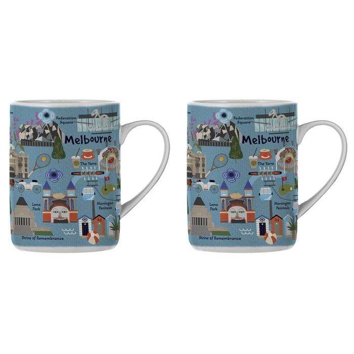 2PK Ashdene Land Down Under Melbourne Bone China Drinking Mug Blue 370ml