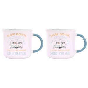 2PK Splosh Caravan Slow Down Ceramic Coffee Mug 390ml/10cm Camping Cup White