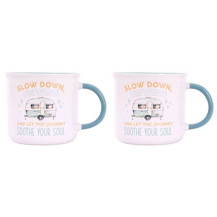 2PK Splosh Caravan Slow Down Ceramic Coffee Mug 390ml/10cm Camping Cup White