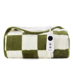 Dreamaker Checkered Plush Reversible Sherpa Washable Electric Heated Throw Blanket Olive & Cream - 130 X 160cm | 9 Heat Settings