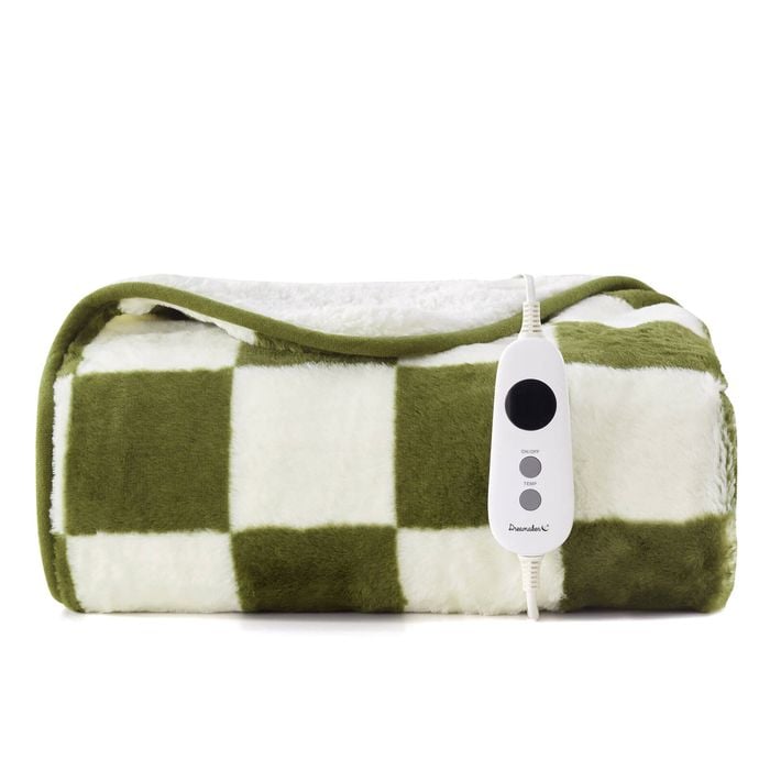 Dreamaker Checkered Plush Reversible Sherpa Washable Electric Heated Throw Blanket Olive & Cream - 130 X 160cm | 9 Heat Settings