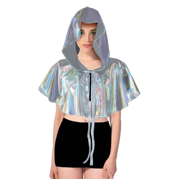 Adult Iridescent Metallic Mini Hooded Cape Halloween Costume Party Silver