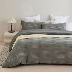 CottonMore 100% Cotton Striped Large Waffle Pattern Grey Quilt Doona Duvet Cover Set - Queen
