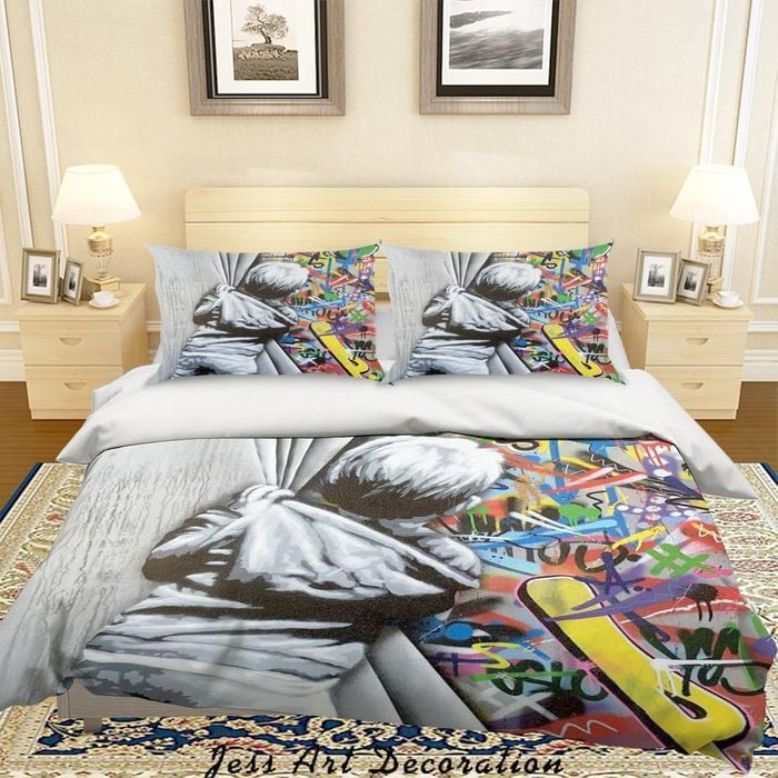 3D Banksy Mural Boy Colorized Graffiti Quilt Cover Set Bedding Set Duvet Cover Pillowcases  ZY D99