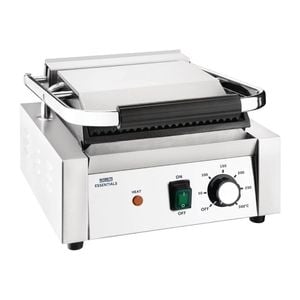 Nisbets Essentials Contact Grill Single Cast Iron Plate Panini Maker Ribbed Top Flat Base 1.8kw 360x310x360mm