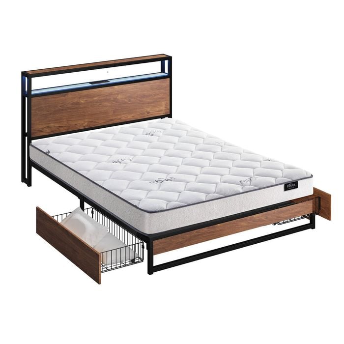 Oikiture Metal Bed Frame Double Size Led 2 Storage Drawers Usb With Mattress