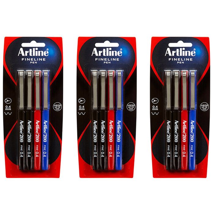 3x 4pc Artline Fineline 200 Fine 0.4mm Width School Drawing Assorted Writing Pen