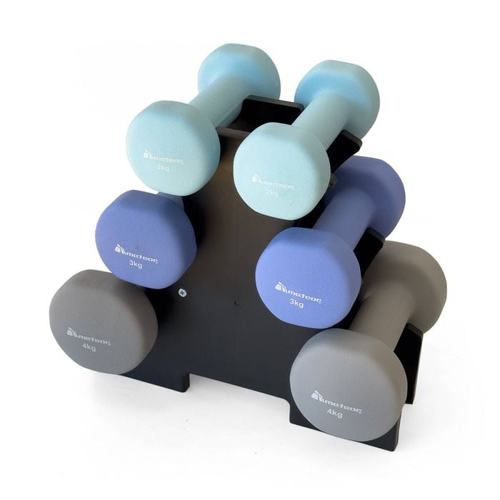 METEOR 2kg-3kg-4kg Flat Bottom Neoprene Dumbbell Set with Rack