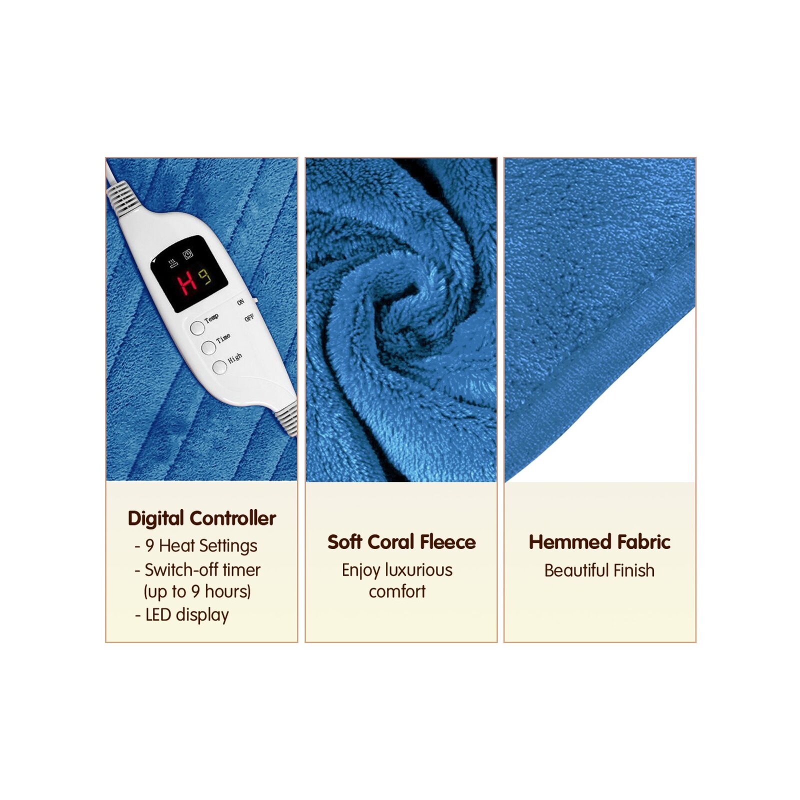 Heated Electric Blanket Throw Rug Coral Warm Fleece Winter Blue