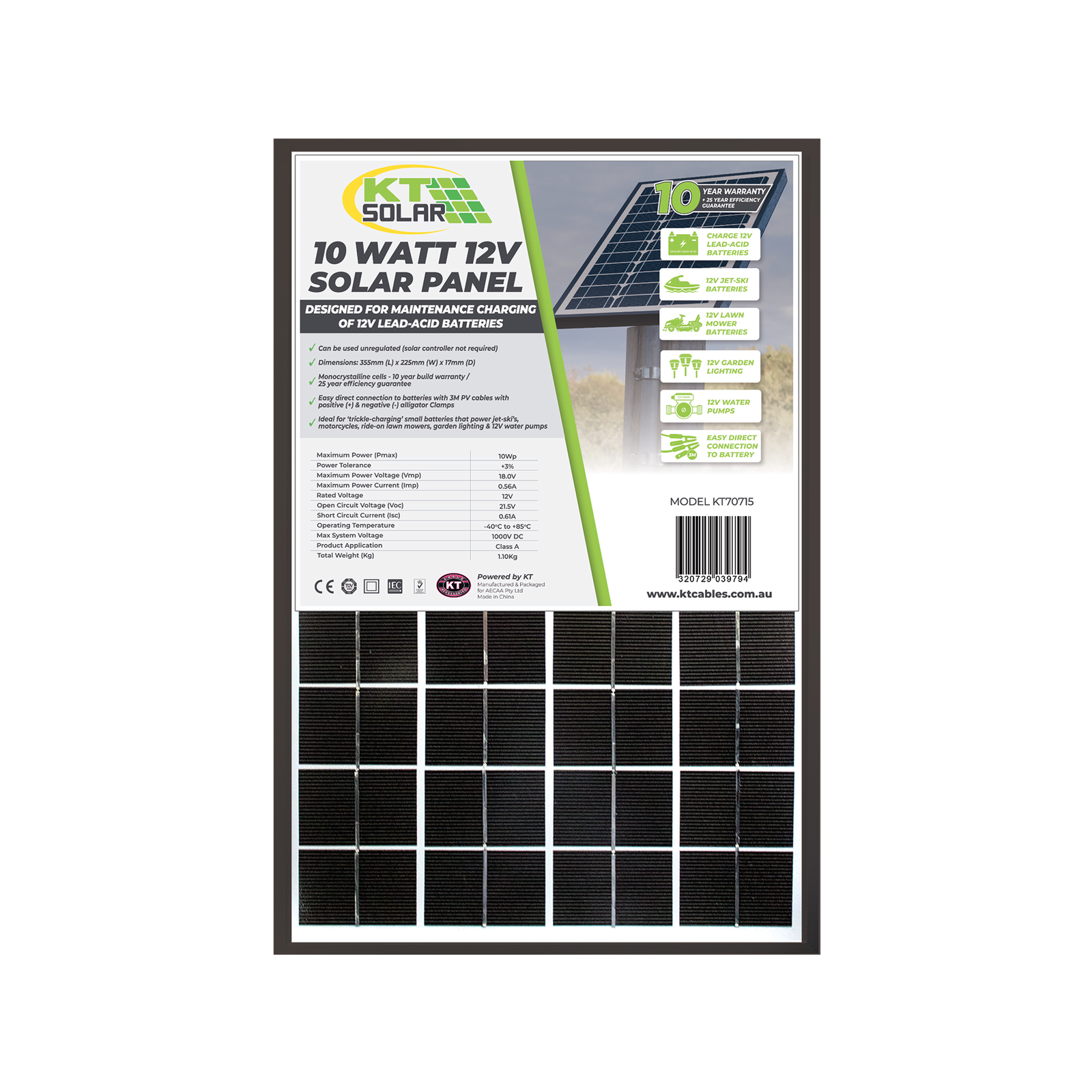 KT Solar 10W 12V Solar Panel Monocrystalline KT70715 product image