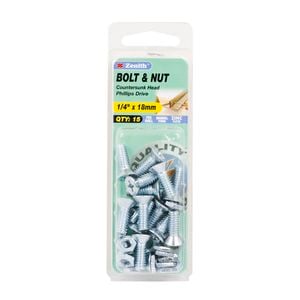 Zenith 1/4" x 18mm Zinc Plated Countersunk Head Bolt And Nut - 15 Pack