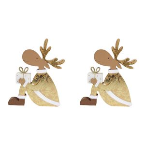 2x LVD Wooden Gifting Reindeer Christmas Holiday Decoration Large Gold/Brown