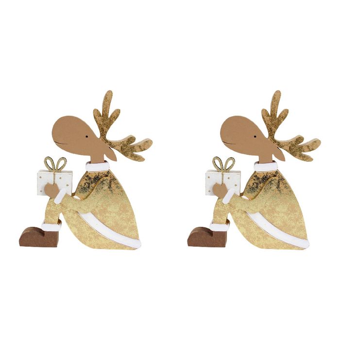 2x LVD Wooden Gifting Reindeer Christmas Holiday Decoration Large Gold/Brown