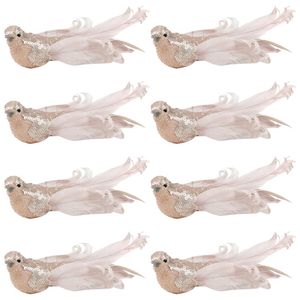 8PK Urban Elegant Bird Feather Clip Christmas Decoration 16cm Pink/Gold
