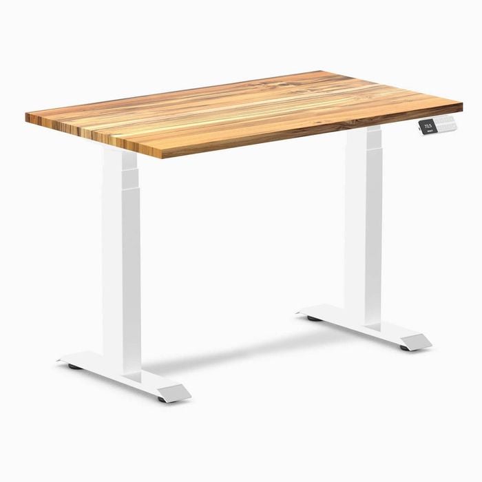 Desky Dual Mini Teak Hardwood Sit to Stand Desk 1000x600mm White Frame