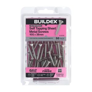 Buildex 10G x 38mm SS316 Self Tapping Sheet Metal Screws (Countersunk Head) - 50 Pack