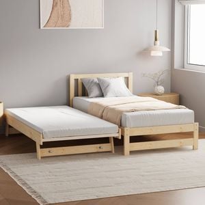 Oikiture Trundle Kids Bed Frame Single Wooden Natural