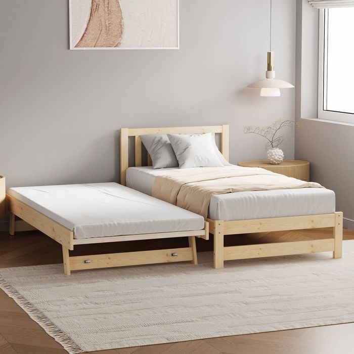 Oikiture Trundle Kids Bed Frame Single Wooden Natural