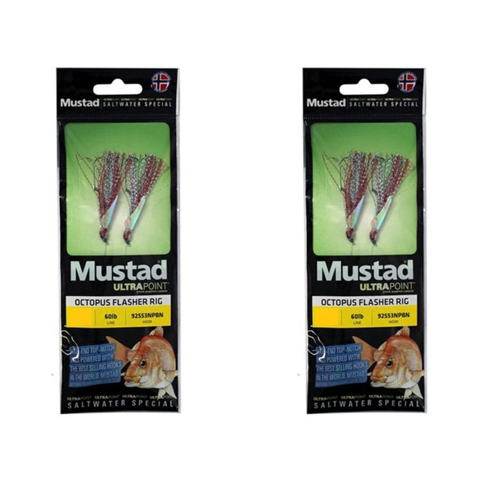 2x Mustad Ultrapoint Octopus Flasher Rig Twin Hook Silver/Red - Size 2/0