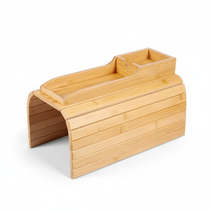 Bamboo Couch Cup Holder Tray for Drinks, Snacks, and Remote Control