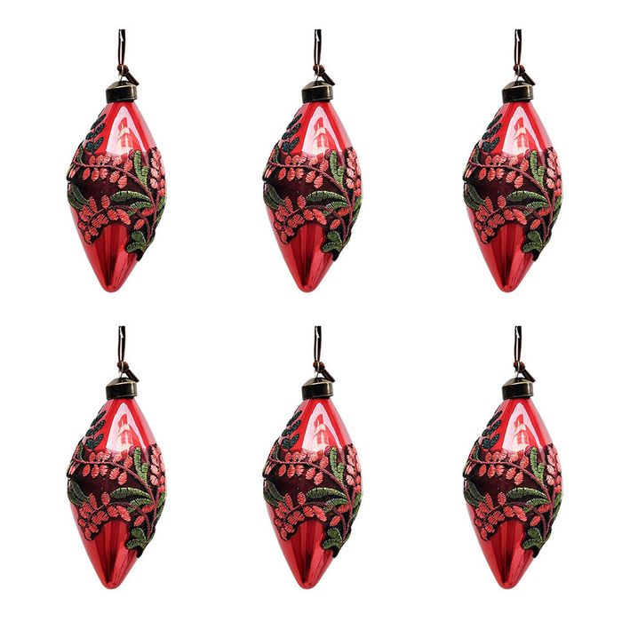 6PK Urban Foliage Applique Hanging Christmas Decoration 8cm Red Assorted