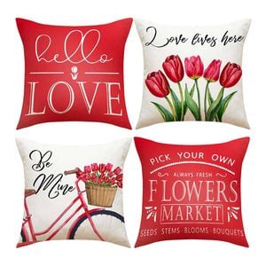 Catzon 4 Pcs Tulips Bicycle Pillow Covers Spring Decorative Cushion Cases-Red
