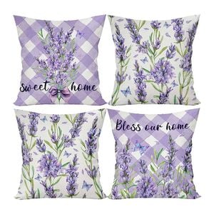 Catzon 4 Pcs Lavender Throw Pillow Covers Linen Summer Cushion Case for Sofa