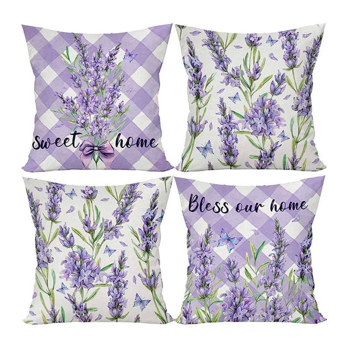 Catzon 4 Pcs Lavender Throw Pillow Covers Linen Summer Cushion Case for Sofa