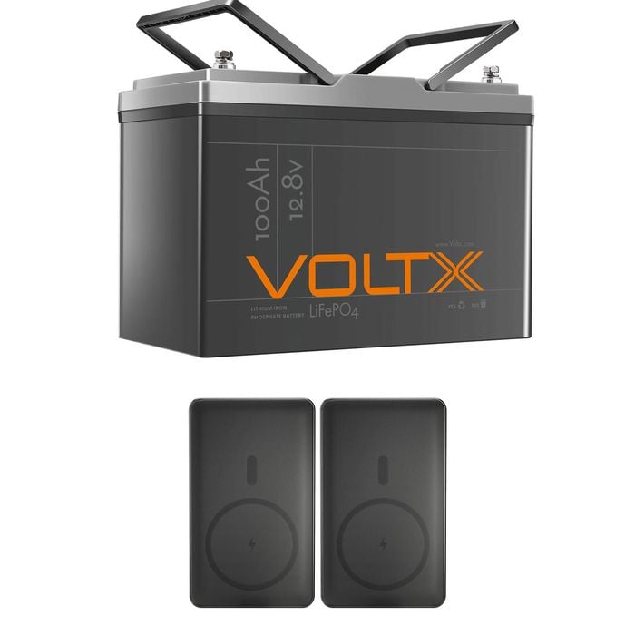 VoltX 12V 100Ah LiFePO4 Lithium Battery + 20000mAh Power Bank – Backup Power for RV, Camping & Travel