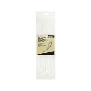 Click 250mm White Releasable Cable Tie - 25 Pack