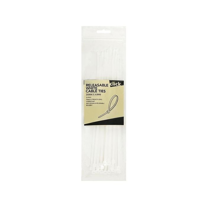 Click 250mm White Releasable Cable Tie - 25 Pack