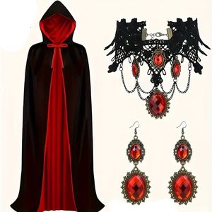 Lifebay Halloween Vampire Cape Set with Necklace Earrings Hood