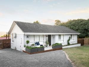 House with grey bricks, driveway and garden beds.