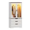 Ufurniture Glass Doors Armoire Wardrobe Closet w/ LED & 3 Drawers White