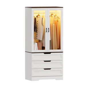 Ufurniture Glass Doors Armoire Wardrobe Closet w/ LED & 3 Drawers White