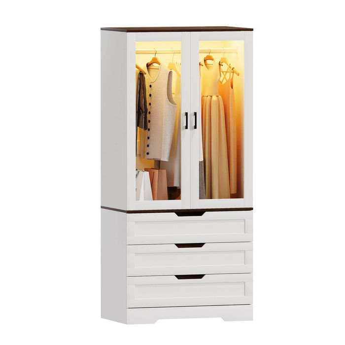 Ufurniture Glass Doors Armoire Wardrobe Closet w/ LED & 3 Drawers White