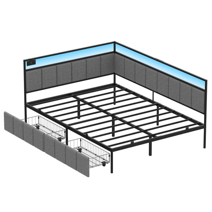 Ufurniture Corner Bed Frame Double Daybed With 2 Storage Drawers And Charging Station Bedroom Living Room Gray