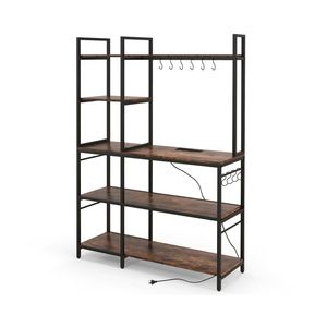 Costway 5-Tier Coffee Bar Bakers Rack Microwave Stand with Power Outlet Rustic Brown