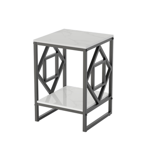 P&P Black Geometric Metal End Table With White Marble Top And Shelf