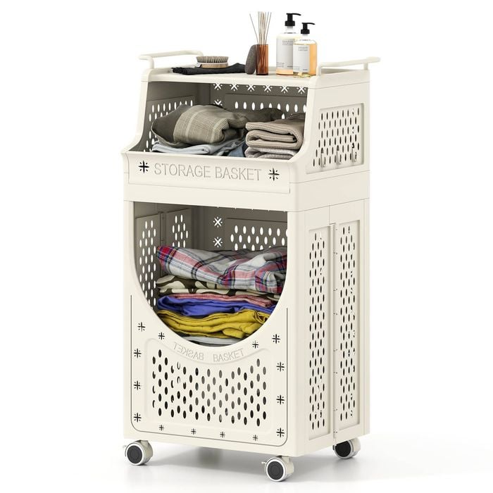 Costway 3-tier Folding Laundry Cart W/6 Hook Space-saving Utility Cart