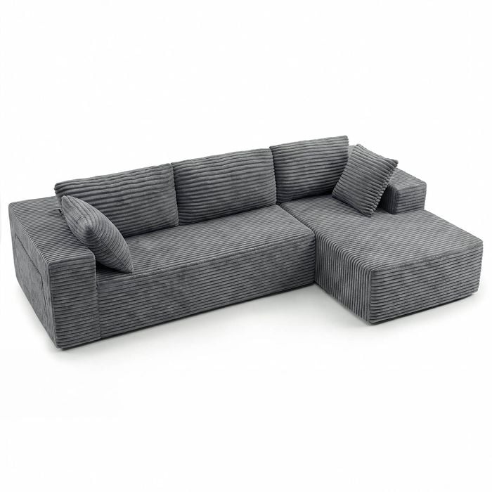 Advwin 277cm L Shape 3 Seater Sofa w/ Oversized Chaise Corduroy Modular Compressed Sofa No Assembly Grey