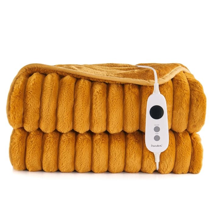 Dreamaker Cirra Chunky Embossed Fleece Heated Throw Mustard Gold 180 X 200cm | Overheat Protection & Washable